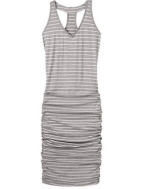 Athleta Gray and White Striped Ruched Tank Midi Dress